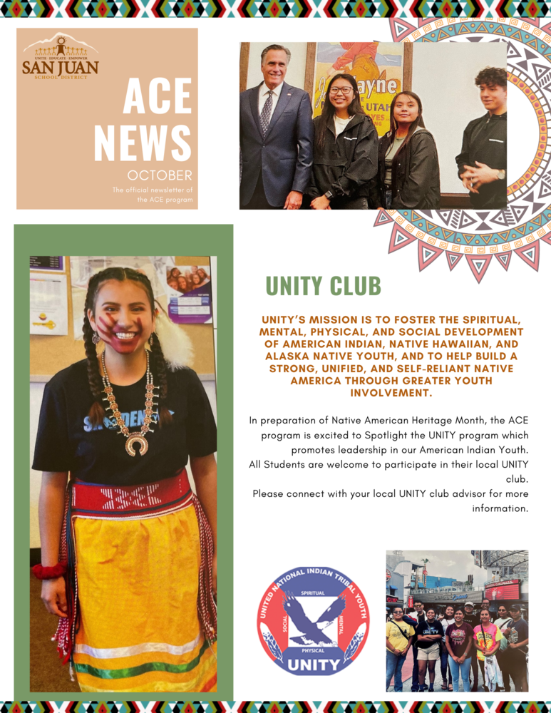 Newsletter includes picture of female student in Native American attire. Two additional photographs depict staff and students grouped together for photo op.