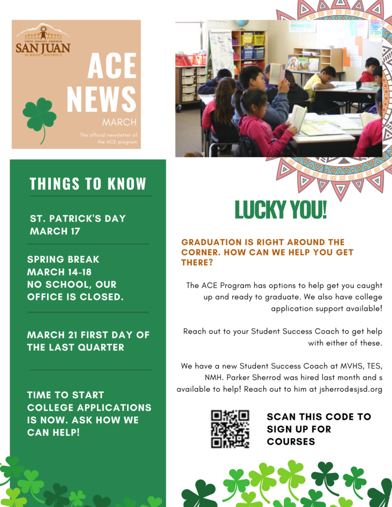 Image depicts newsletter and includes a picture of students working at their desks in a classroom. 
