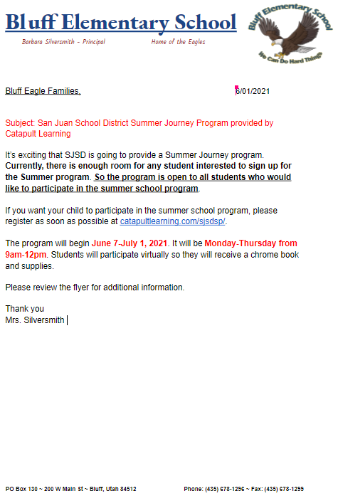 Summer School Letter | Bluff Elementary School