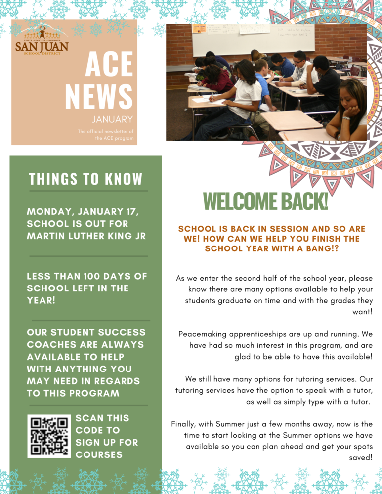 Newsletter includes image of students working on an assignment at their desks in a classroom. 