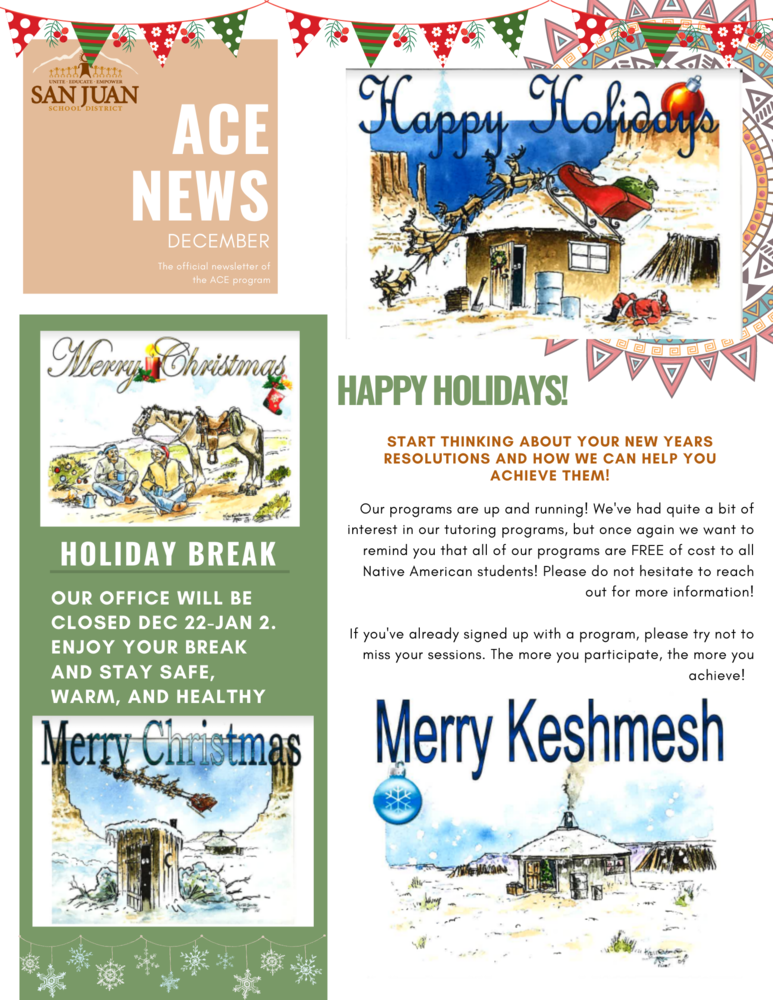 Newsletter includes four images. The first image shows two people sitting in a field holding coffee mugs with a horse standing behind them. The other three images show homes in a snowy landscape two of which include Santa Clause and his sleigh. 