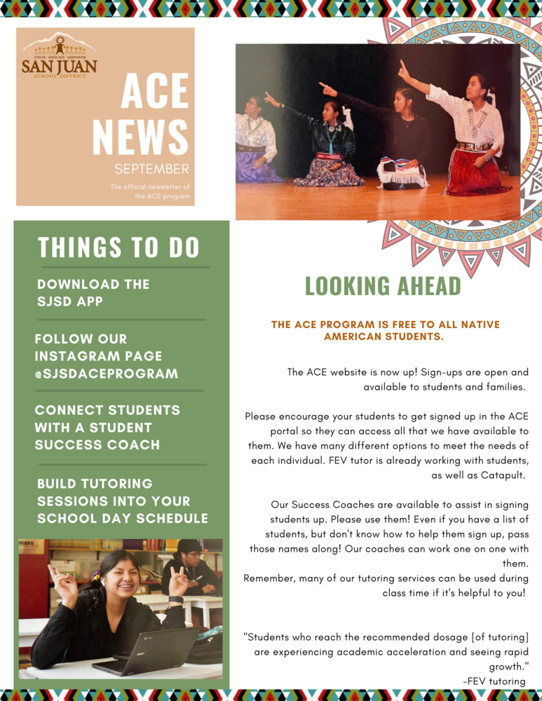 Image depicts newsletter including a photograph of a student performance and a photograph of a student sitting at a desk with a laptop.