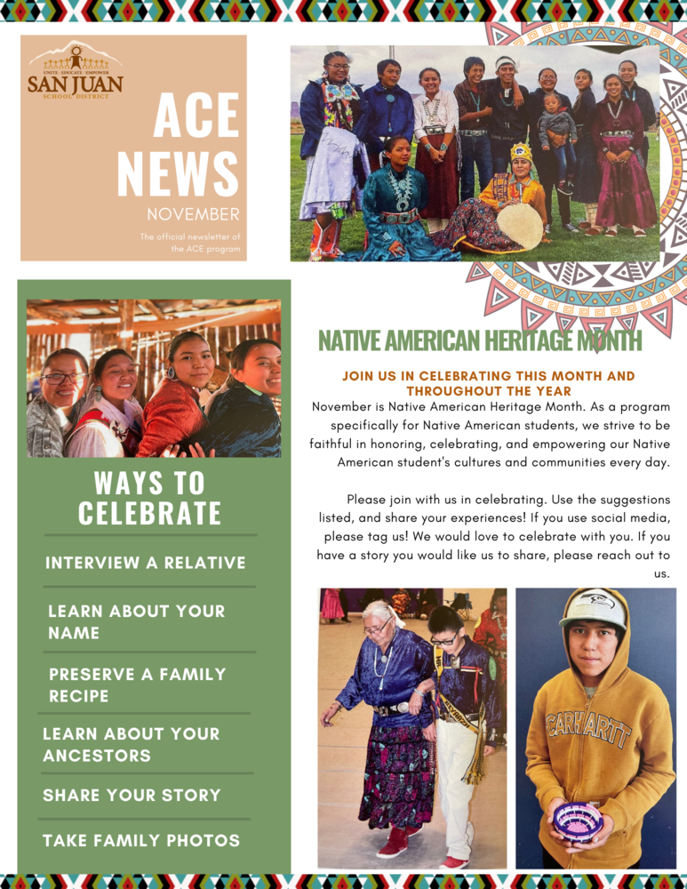 Newsletter includes four images. Image one shows students grouped together in Native American attire for photo op.  Image two shows four female students standing together for photo op. Image three shows male student assisting an elderly woman. Image four male student holding a woven bowl in his hands. 