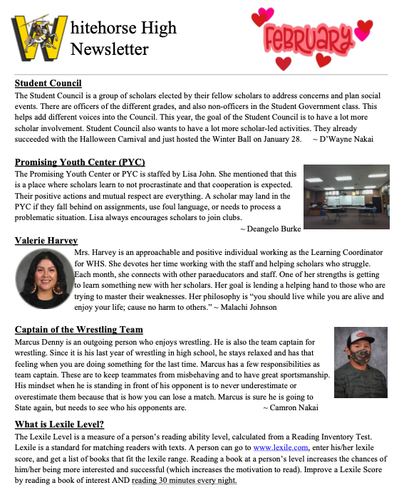 February Newsletter Whitehorse High School